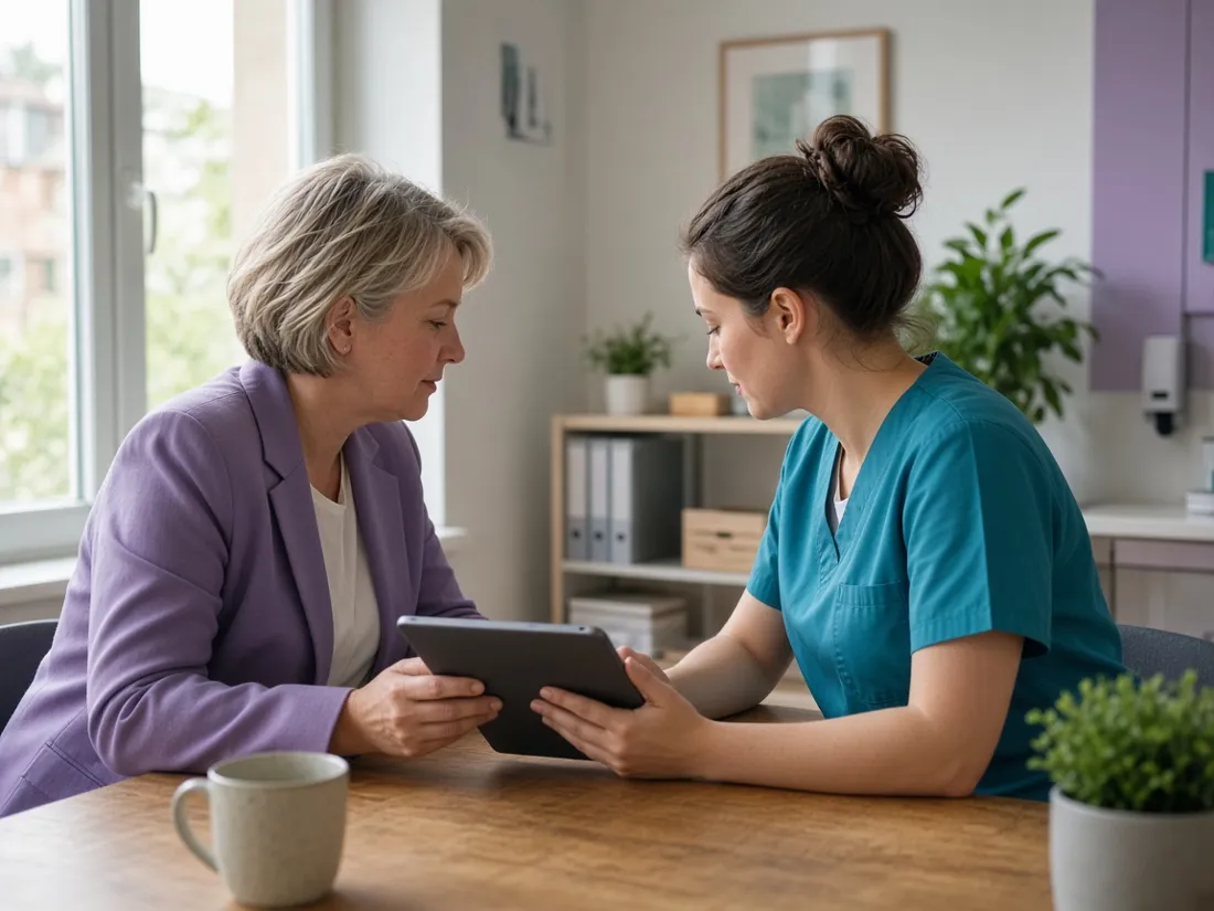 Stimmungsbild: Leitungskraft und Pflegekraft besprechen etwas an einem Tablet